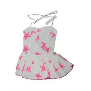 NEW WOVENPLAY girl's romper with skirt in white with pink stars and pink edging